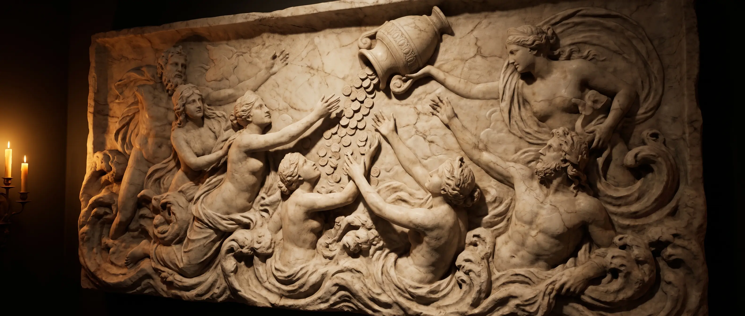 Marble bas-relief of figures reaching for fortune